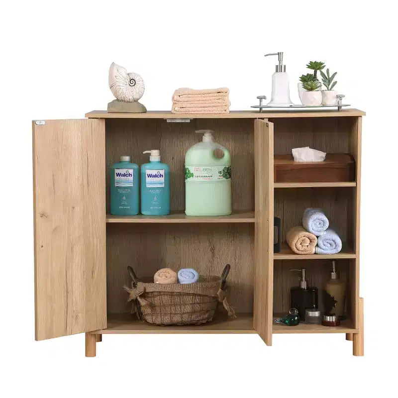 Mobile Contenitore con 2 Ante in Legno Naturale e Rattan con Ripiani Aperti – 1 Persona