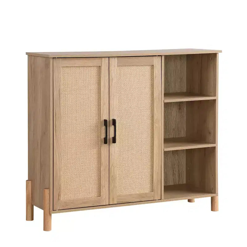 Mobile Contenitore con 2 Ante in Legno Naturale e Rattan con Ripiani Aperti – 1 Persona