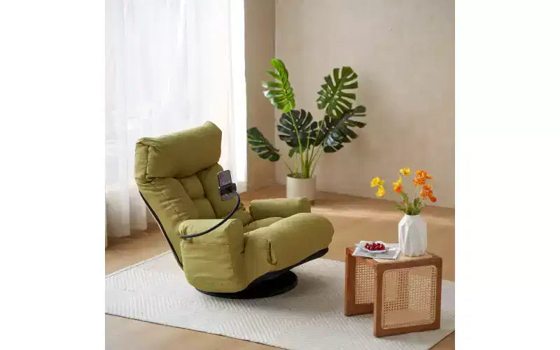 Sedia lounge pieghevole da pavimento beige/verde/grigio/giallo, girevole, 5 posizioni, 1 persona