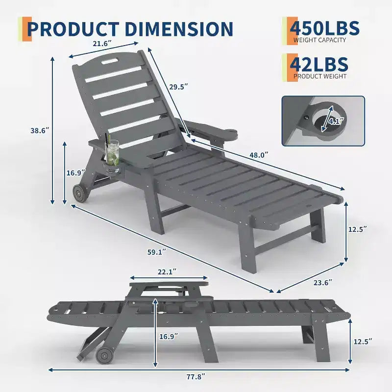 Black/Gray HDPE Patio Chaise Lounge Chair, 5-Position, With/Without Wheels, 1-Person