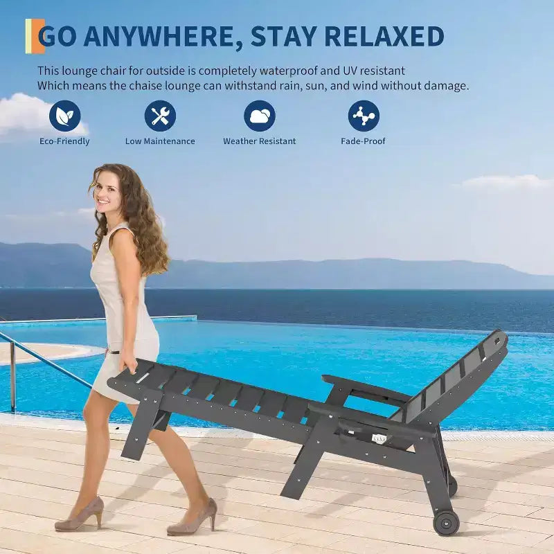 Black/Gray HDPE Patio Chaise Lounge Chair, 5-Position, With/Without Wheels, 1-Person
