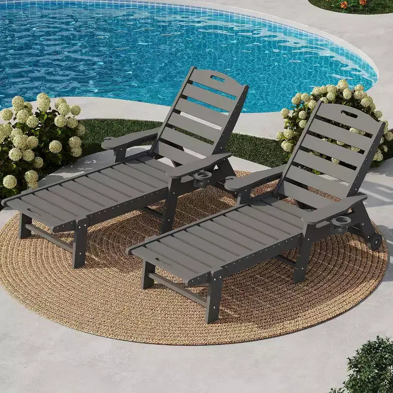 Black/Gray HDPE Patio Chaise Lounge Chair, 5-Position, With/Without Wheels, 1-Person