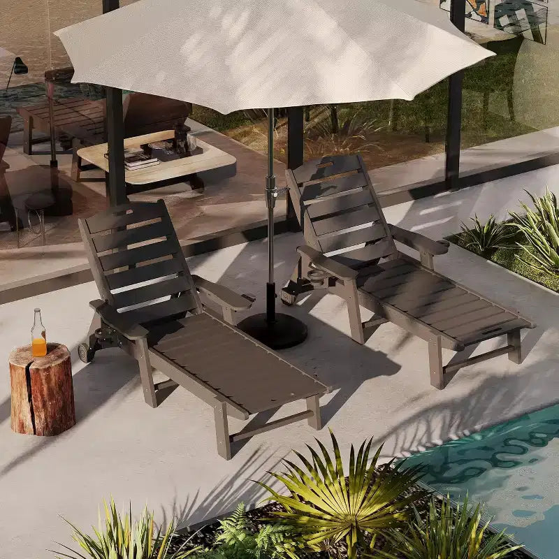Black/Gray HDPE Patio Chaise Lounge Chair, 5-Position, With/Without Wheels, 1-Person