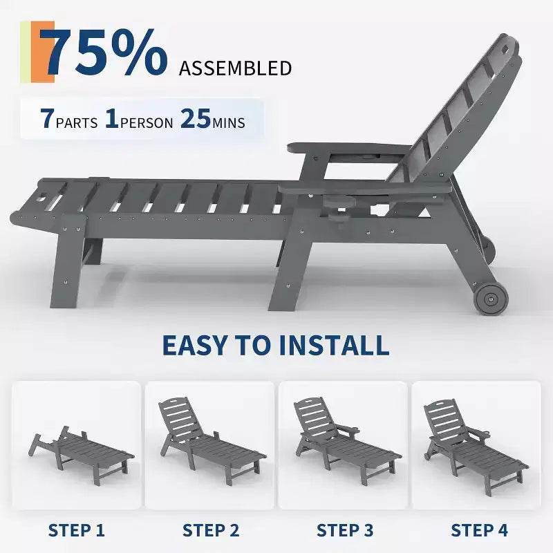 Black/Gray HDPE Patio Chaise Lounge Chair, 5-Position, With/Without Wheels, 1-Person