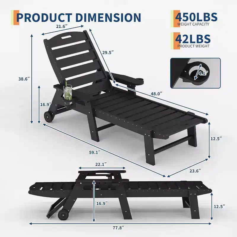 Black/Gray HDPE Patio Chaise Lounge Chair, 5-Position, With/Without Wheels, 1-Person
