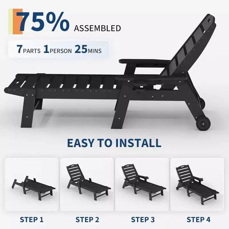 Black/Gray HDPE Patio Chaise Lounge Chair, 5-Position, With/Without Wheels, 1-Person