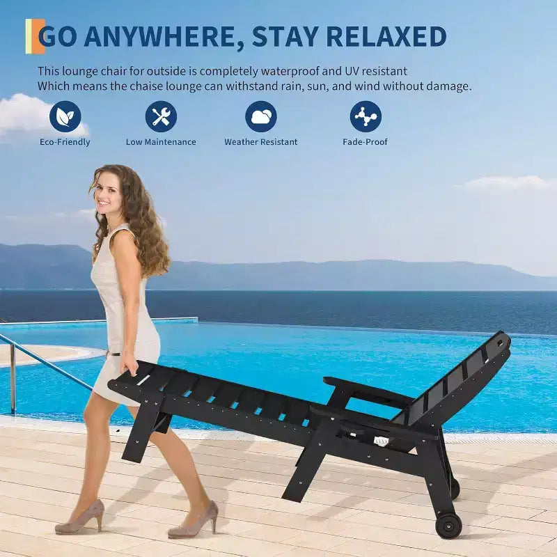 Black/Gray HDPE Patio Chaise Lounge Chair, 5-Position, With/Without Wheels, 1-Person