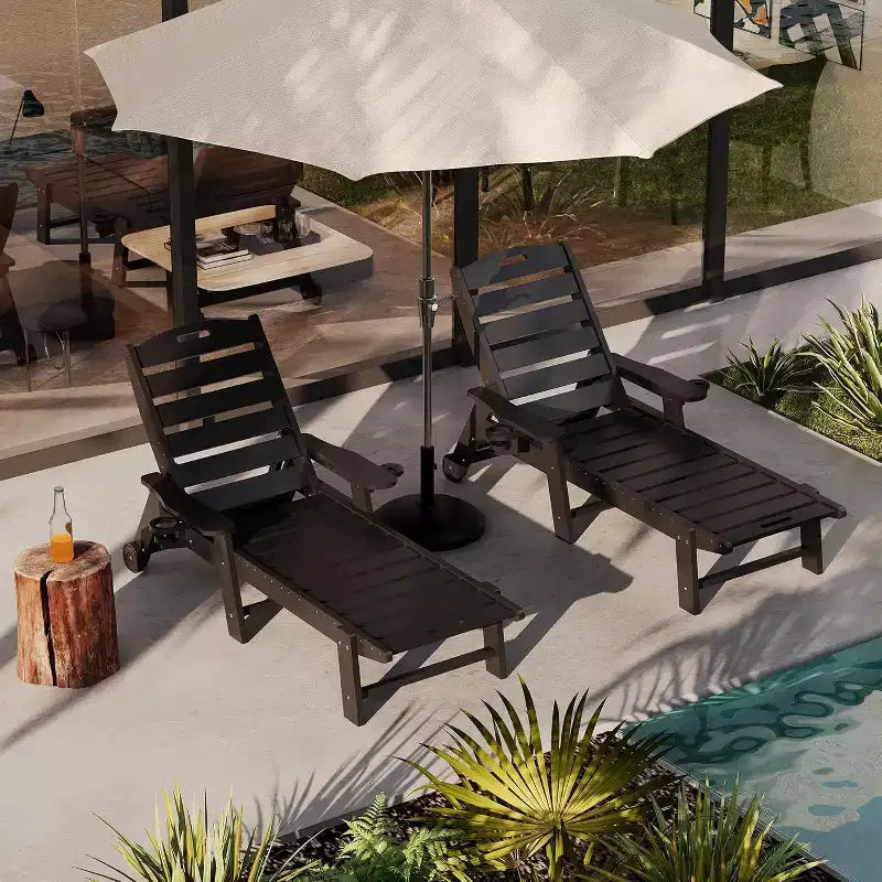 Black/Gray HDPE Patio Chaise Lounge Chair, 5-Position, With/Without Wheels, 1-Person