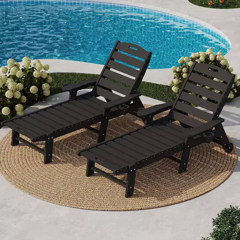 Black/Gray HDPE Patio Chaise Lounge Chair, 5-Position, With/Without Wheels, 1-Person