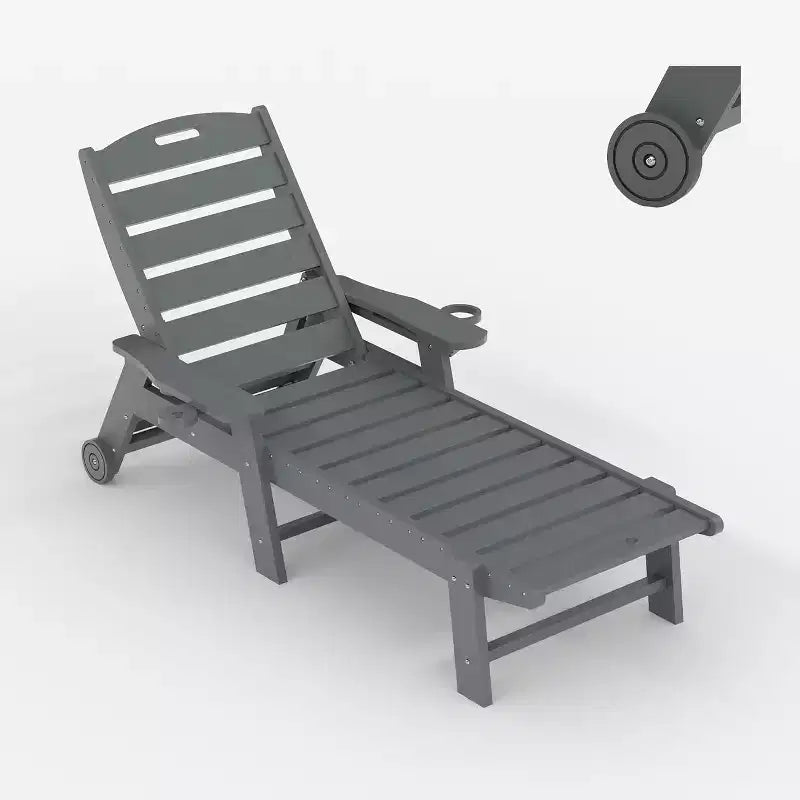 Black/Gray HDPE Patio Chaise Lounge Chair, 5-Position, With/Without Wheels, 1-Person