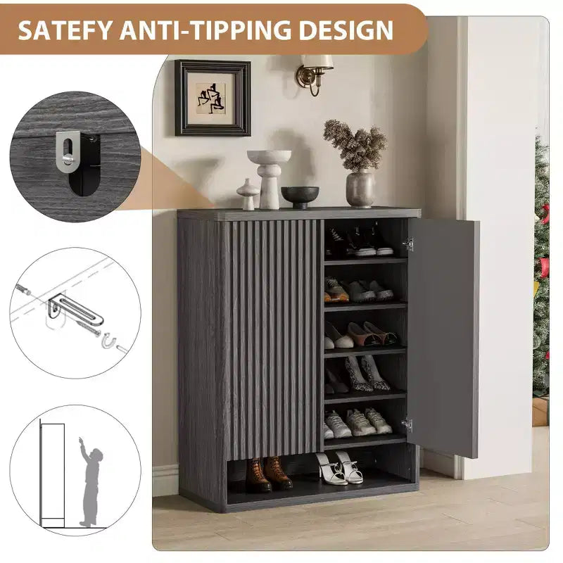 Scarpiera con anta a battente in colore nero/grigio/legno, singola, 30 paia