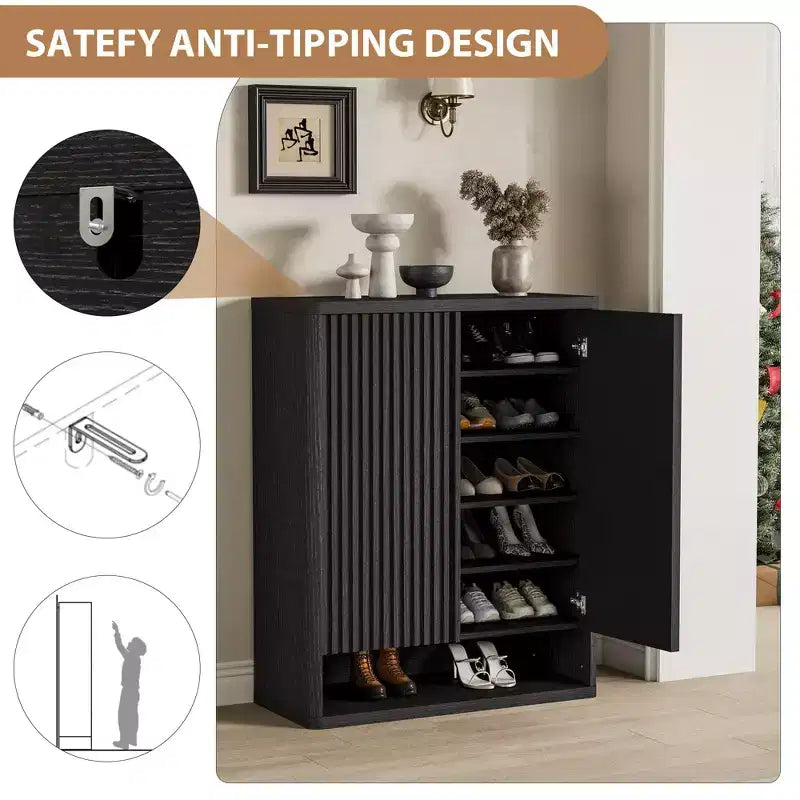 Scarpiera con anta a battente in colore nero/grigio/legno, singola, 30 paia