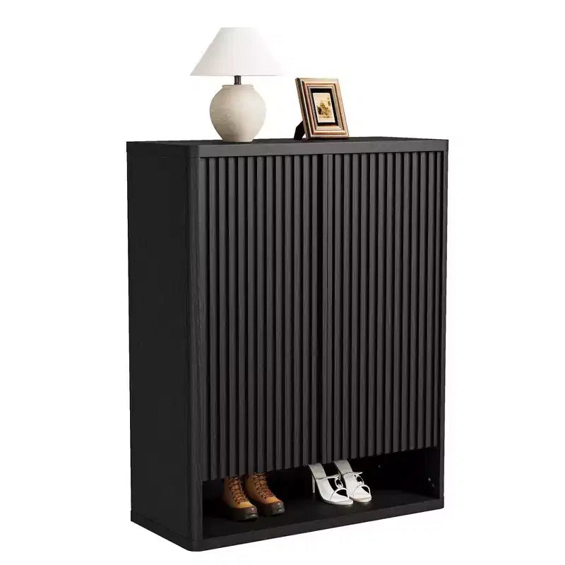 Scarpiera con anta a battente in colore nero/grigio/legno, singola, 30 paia