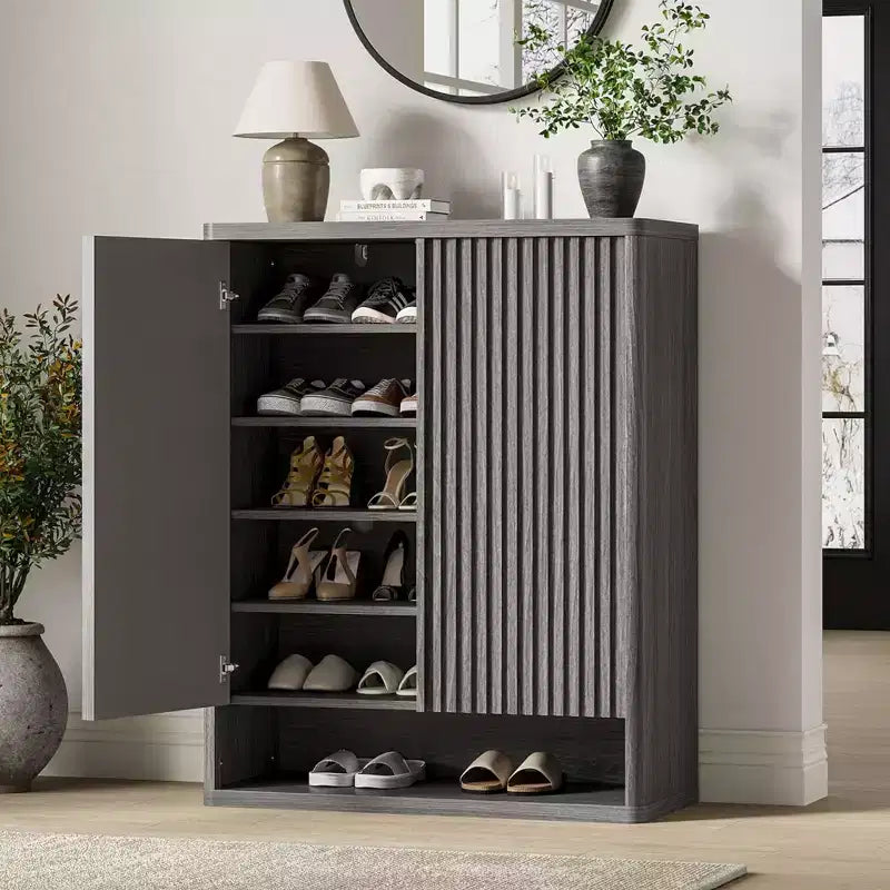 Scarpiera con anta a battente in colore nero/grigio/legno, singola, 30 paia