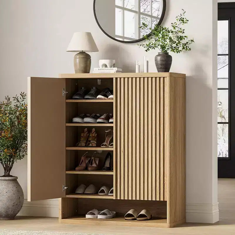 Scarpiera con anta a battente in colore nero/grigio/legno, singola, 30 paia