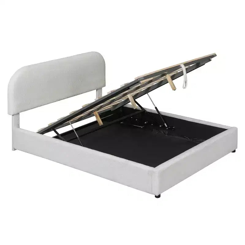 Letto a piattaforma matrimoniale in pile Teddy grigio/bianco con contenitore idraulico, 2 persone