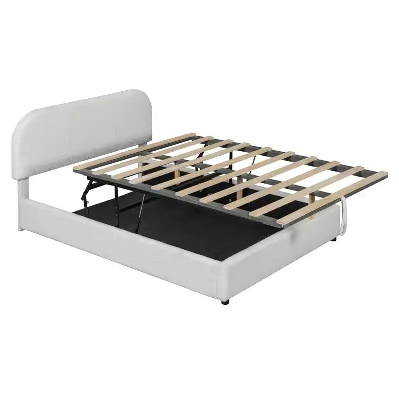 Letto a piattaforma matrimoniale in pile Teddy grigio/bianco con contenitore idraulico, 2 persone