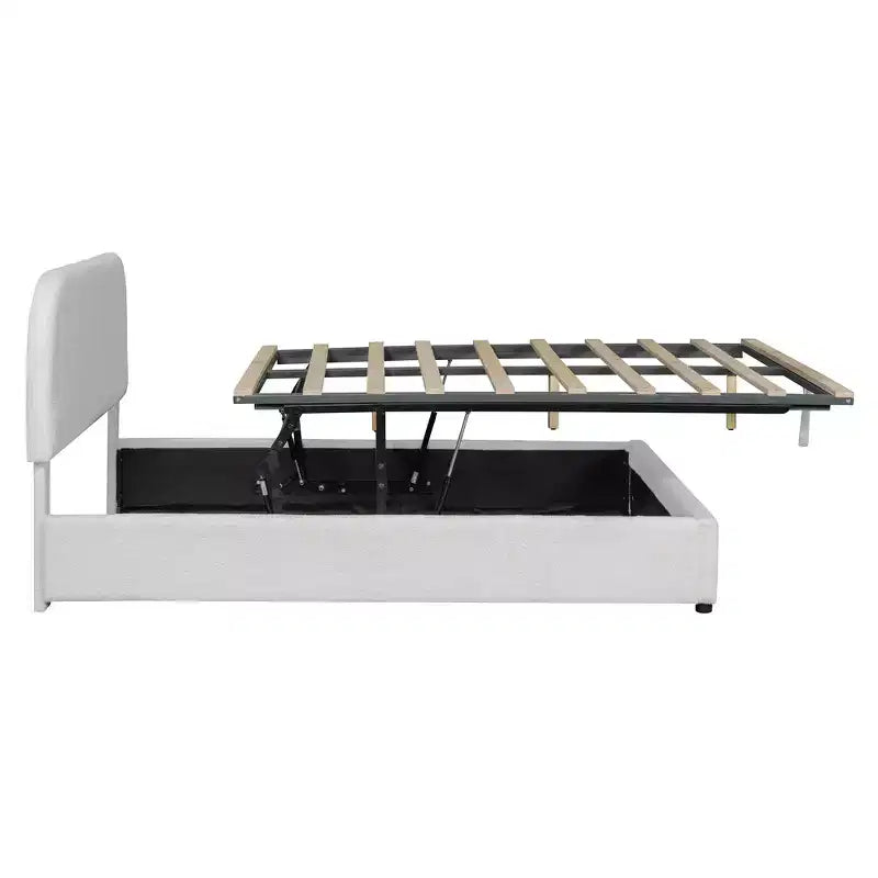 Letto a piattaforma matrimoniale in pile Teddy grigio/bianco con contenitore idraulico, 2 persone