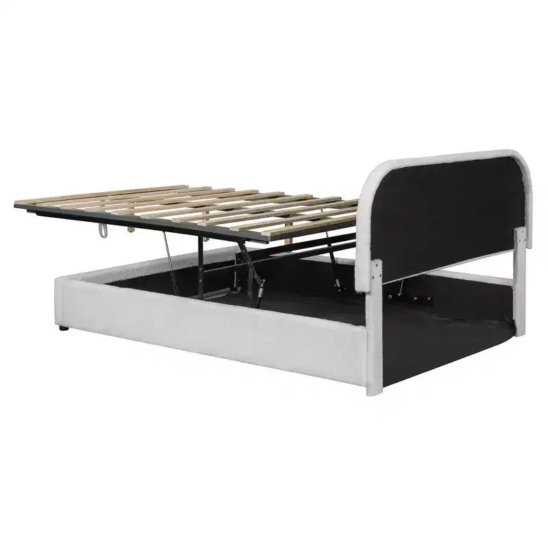Letto a piattaforma matrimoniale in pile Teddy grigio/bianco con contenitore idraulico, 2 persone