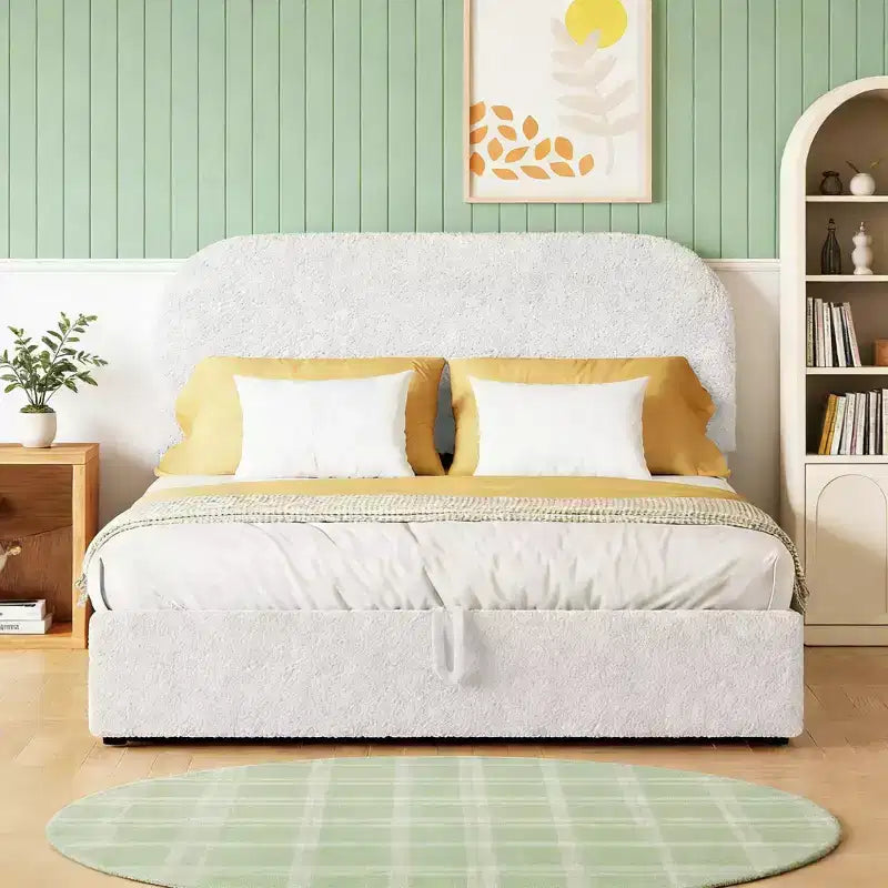 Letto a piattaforma matrimoniale in pile Teddy grigio/bianco con contenitore idraulico, 2 persone