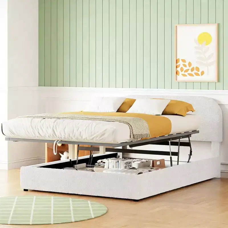 Letto a piattaforma matrimoniale in pile Teddy grigio/bianco con contenitore idraulico, 2 persone