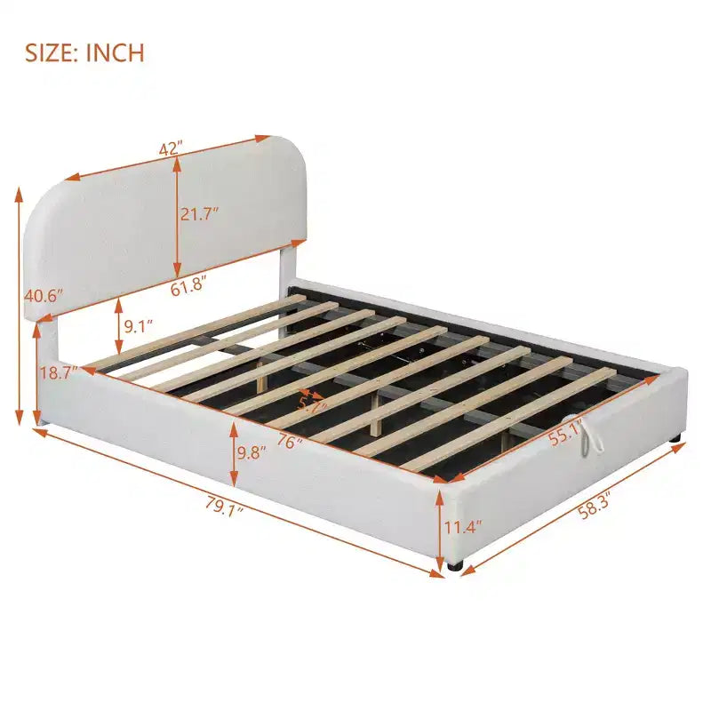 Letto a piattaforma matrimoniale in pile Teddy grigio/bianco con contenitore idraulico, 2 persone
