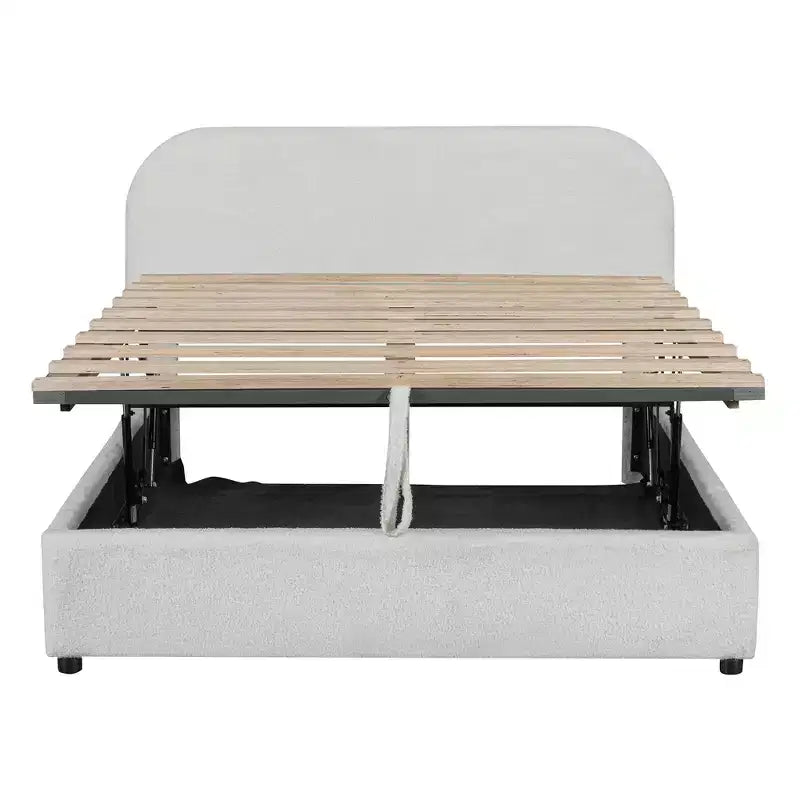 Letto a piattaforma matrimoniale in pile Teddy grigio/bianco con contenitore idraulico, 2 persone