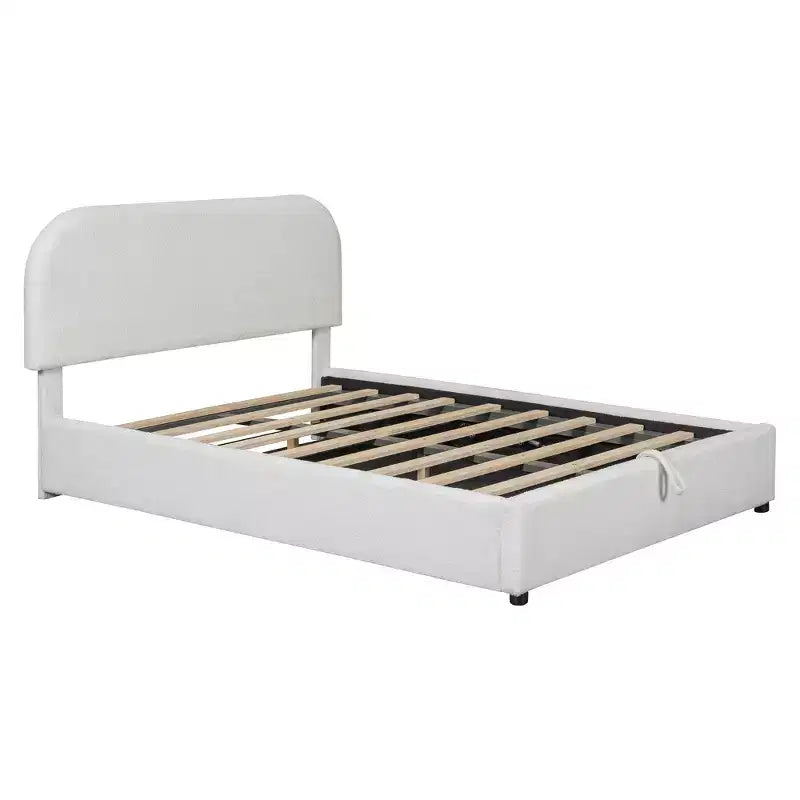 Letto a piattaforma matrimoniale in pile Teddy grigio/bianco con contenitore idraulico, 2 persone