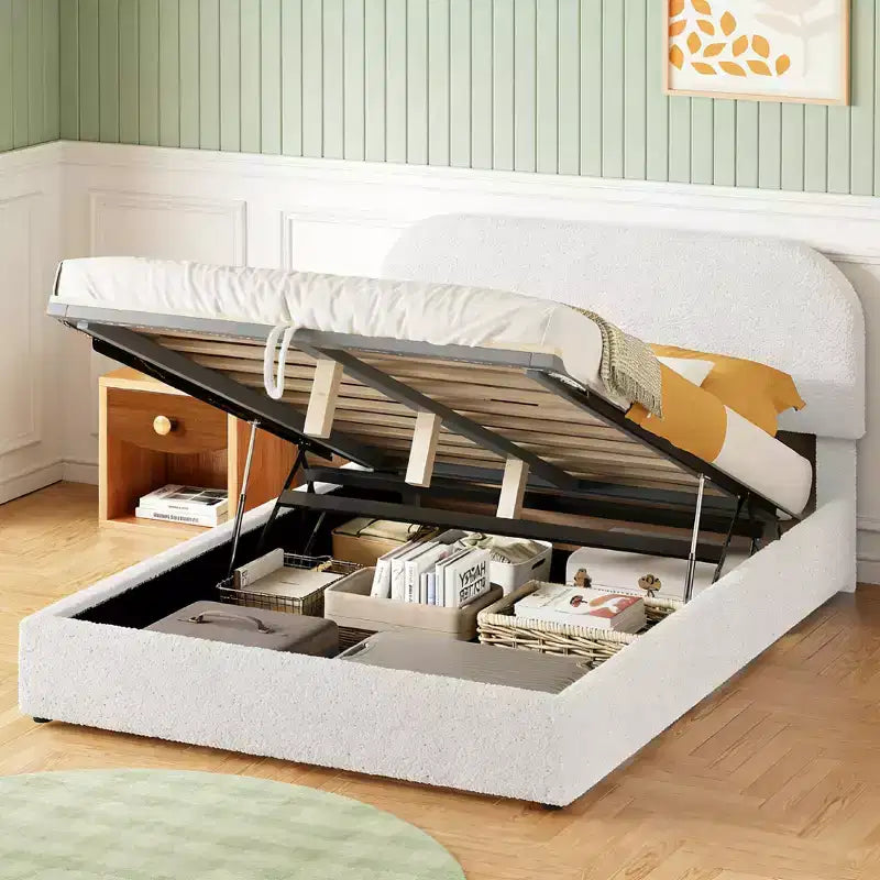 Letto a piattaforma matrimoniale in pile Teddy grigio/bianco con contenitore idraulico, 2 persone