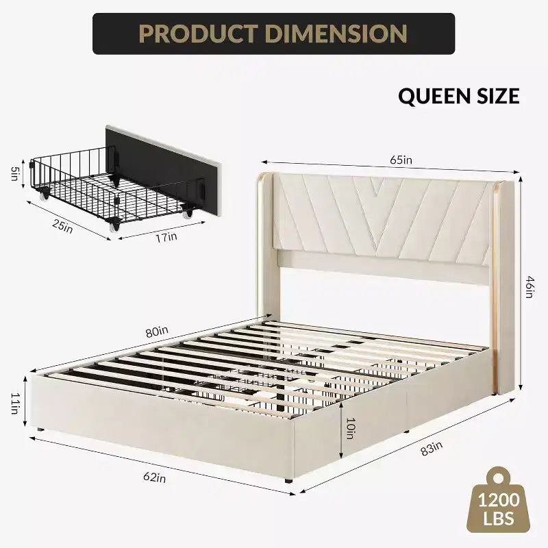 Letto a piattaforma Queen, in velluto con testiera ad alette, con LED e 4 cassetti contenitore, per 1 persona
