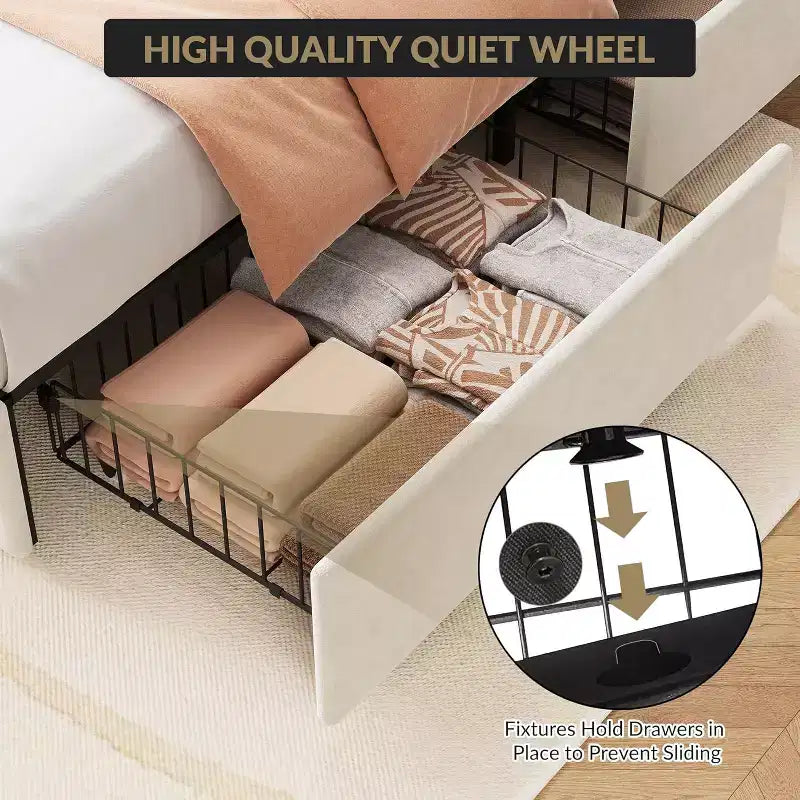 Letto a piattaforma Queen, in velluto con testiera ad alette, con LED e 4 cassetti contenitore, per 1 persona