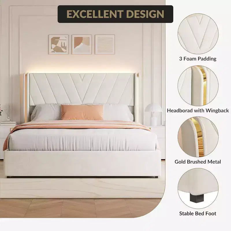 Letto a piattaforma Queen, in velluto con testiera ad alette, con LED e 4 cassetti contenitore, per 1 persona