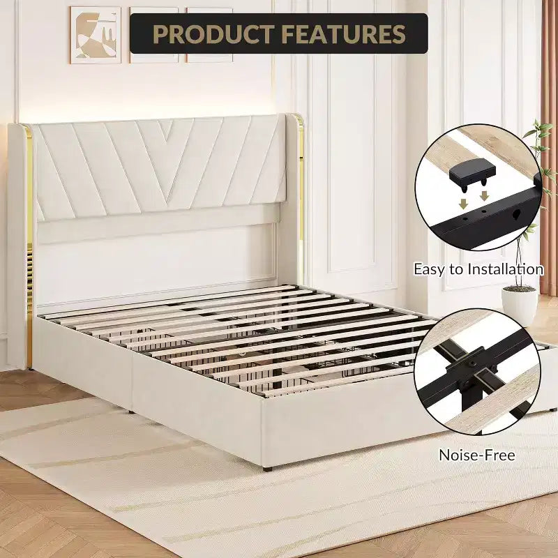 Letto a piattaforma Queen, in velluto con testiera ad alette, con LED e 4 cassetti contenitore, per 1 persona