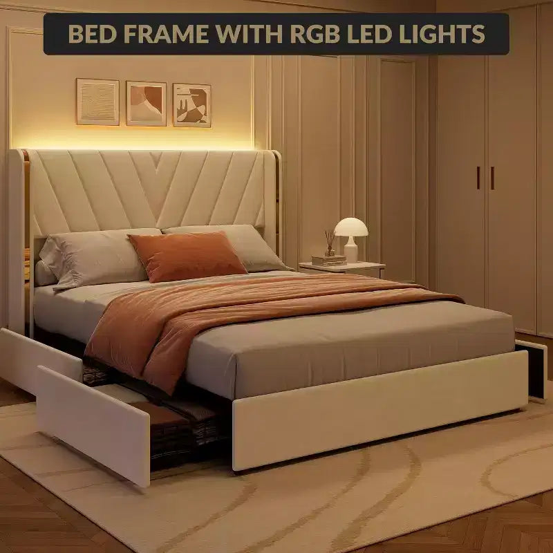 Letto a piattaforma Queen, in velluto con testiera ad alette, con LED e 4 cassetti contenitore, per 1 persona