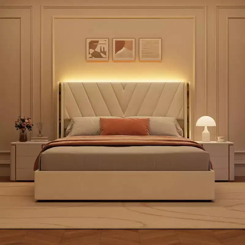 Letto a piattaforma Queen, in velluto con testiera ad alette, con LED e 4 cassetti contenitore, per 1 persona