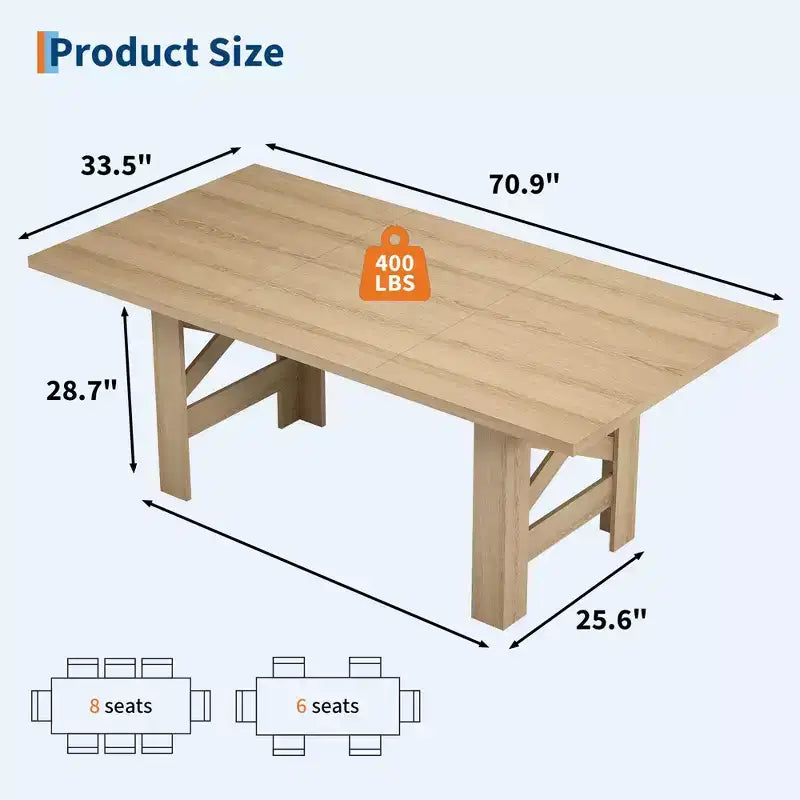 Black / Wood Color 71'' Rectangular Farmhouse Dining Table for 6–8