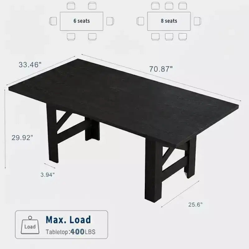 Black / Wood Color 71'' Rectangular Farmhouse Dining Table for 6–8