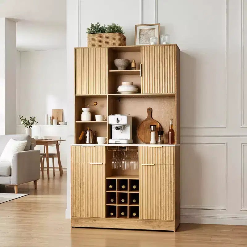Natural Wood Wine Cabinet with LED Light & Charging Station, 9-Bottle Rack, 1-Person Assembly