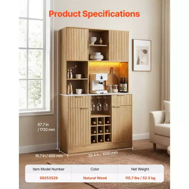 Natural Wood Wine Cabinet with LED Light & Charging Station, 9-Bottle Rack, 1-Person Assembly