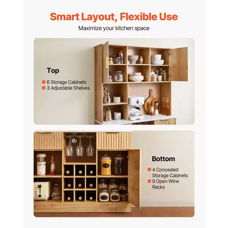 Natural Wood Wine Cabinet with LED Light & Charging Station, 9-Bottle Rack, 1-Person Assembly