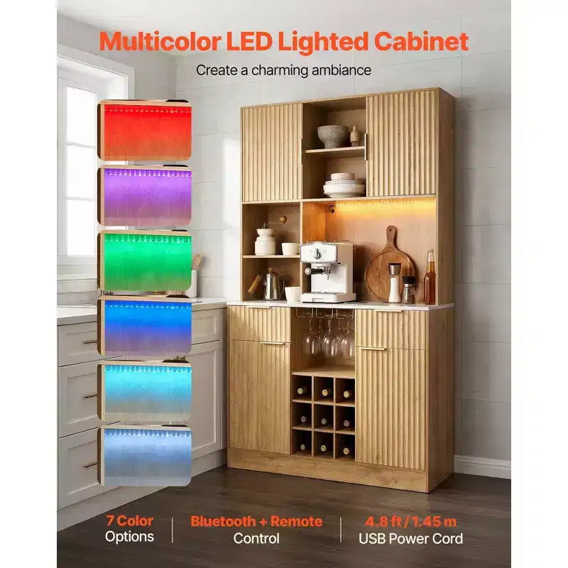Natural Wood Wine Cabinet with LED Light & Charging Station, 9-Bottle Rack, 1-Person Assembly