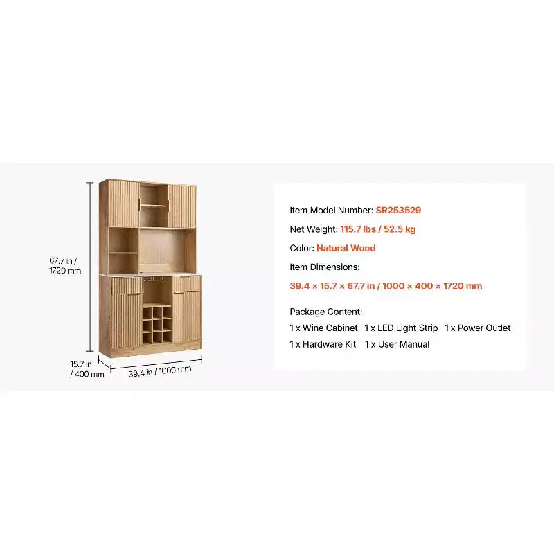 Natural Wood Wine Cabinet with LED Light & Charging Station, 9-Bottle Rack, 1-Person Assembly