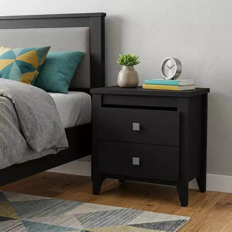 Black Wood Two-Drawer Nightstand, 1-Piece