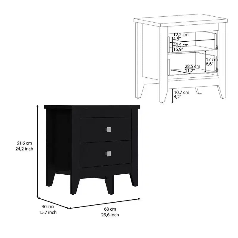 Black Wood Two-Drawer Nightstand, 1-Piece