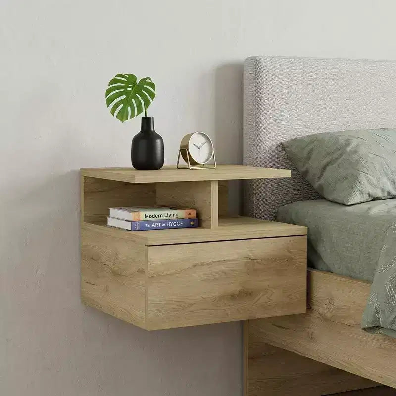 Beige Wood 1-Drawer Floating Nightstand, 1-Person