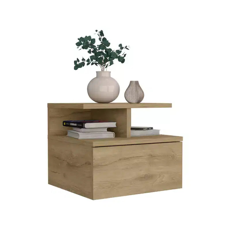 Beige Wood 1-Drawer Floating Nightstand, 1-Person