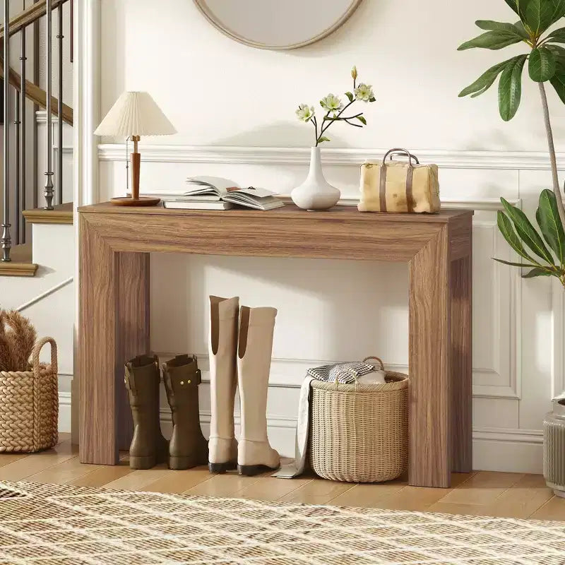 47" Console Table, Natural Wood / Walnut, Modern Narrow, 1-Piece