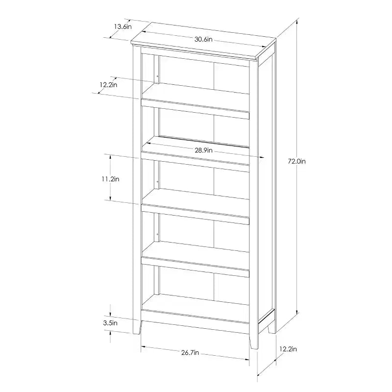 Libreria a 5 ripiani da 72" – Bianca / Nera / Marrone Espresso / Rustica / Marrone Noce | Ripiani aperti | Montaggio da 1 persona