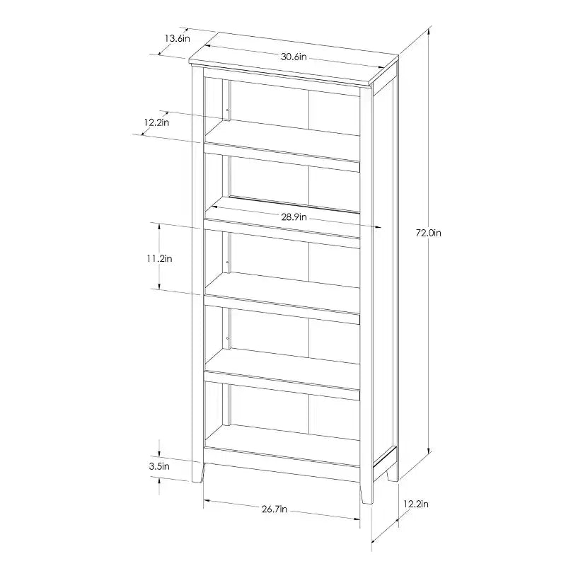 Libreria a 5 ripiani da 72" – Bianca / Nera / Marrone Espresso / Rustica / Marrone Noce | Ripiani aperti | Montaggio da 1 persona