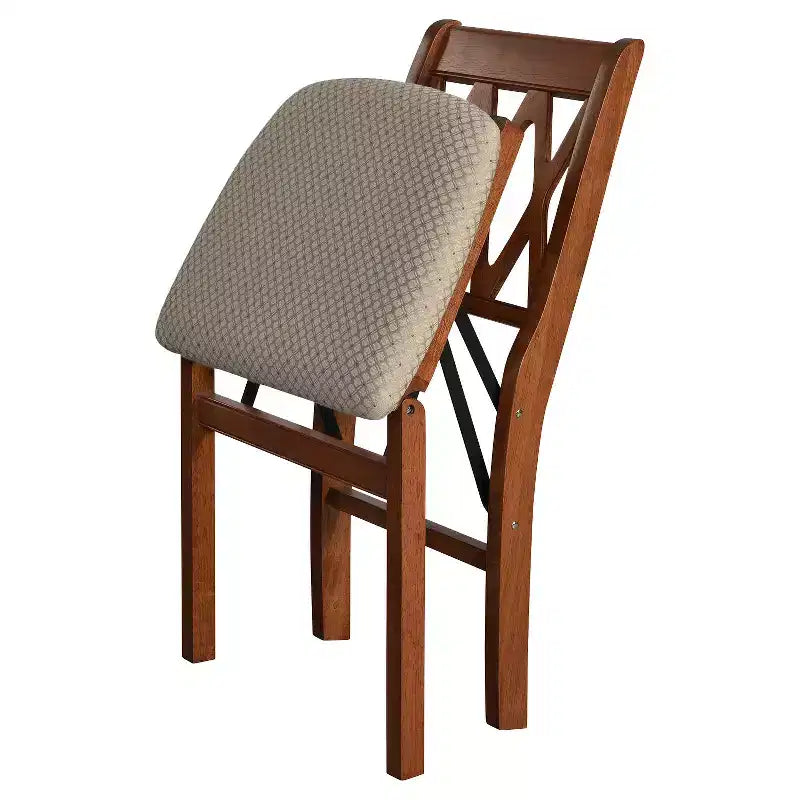 Cherry Lattice Back Folding Chair, Upholstered, Armless – Set of 2